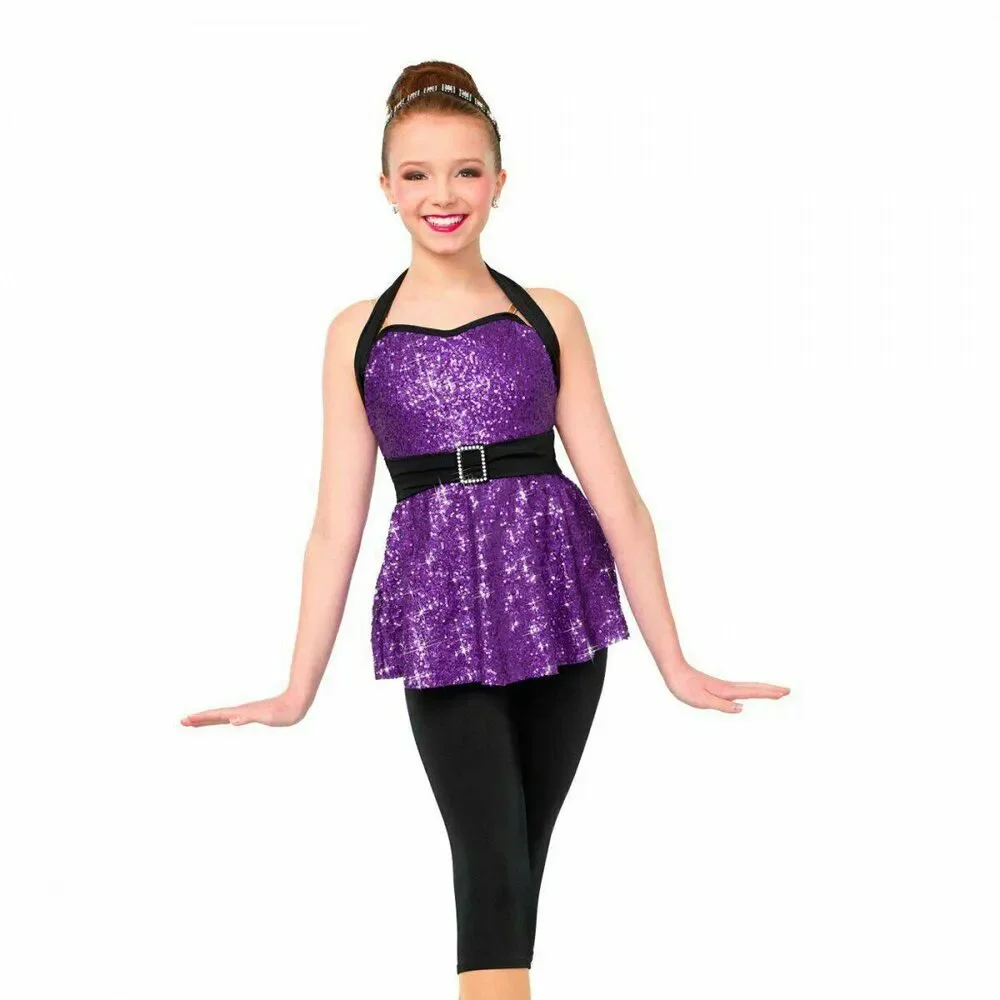 Pre-Owned Dance Costume Jazz Large Child Turquoise Curtain Call Sequin 2 pc Tap
